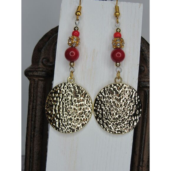 Gold Hammered Disc Earrings with Red and CZ accents - Picture 2 of 7